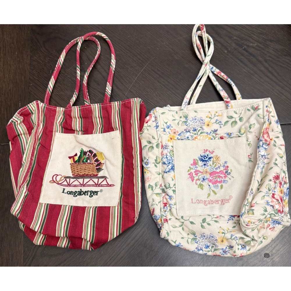 Longaberger Fabric Tote Bag Set 2 Floral Botanical Holiday Sleigh Striped Red